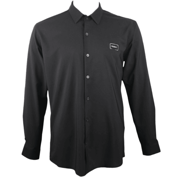 HUGO Men's Slim-Fit Long-Sleeve Shirt in Black with Logo Patch and Button-Up Front