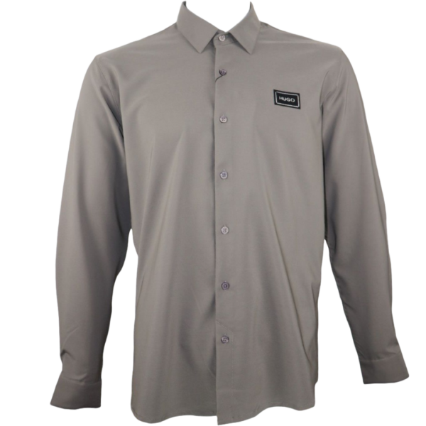 HUGO Men's Slim-Fit Long-Sleeve Shirt in Grey with Logo Patch and Button-Up Front