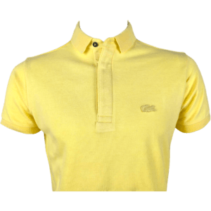 Close-up of Lacoste Men's Classic Slim-Fit Polo Shirt in Yellow, featuring ribbed collar, button placket, and tonal logo embroidery.